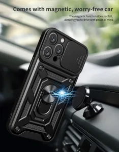 Funda magnética para coche con cubierta de cámara deslizable y soporte de anillo útil.