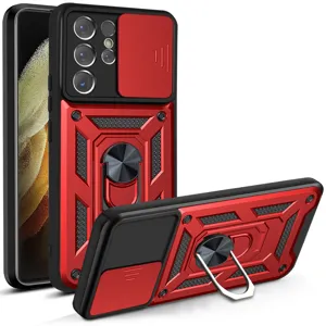 Vista detallada de la funda protectora robusta roja y negra con cubierta de cámara y soporte de anillo.