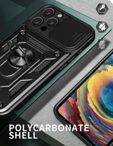 Funda protectora resistente con cubierta deslizable para cámara y soporte de anillo.