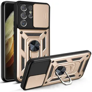 Funda protectora robusta para Samsung con cubierta de cámara deslizante y soporte de anillo