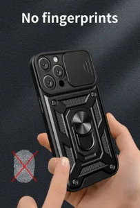 Funda de teléfono resistente con cubierta deslizante para cámara y anillo, protección anti-huellas.