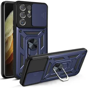 Funda protectora para Samsung con cubierta de cámara deslizante y soporte de anillo, fuerte
