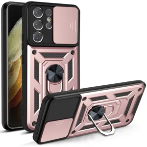 Vista detallada de funda protectora resistente con cubierta de cámara deslizante y soporte de anillo