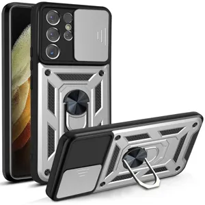 Funda protectora resistente para Samsung con cubierta de cámara deslizante y soporte de anillo.