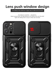 Funda protectora resistente con cubierta de cámara deslizante y soporte de anillo para iPhone