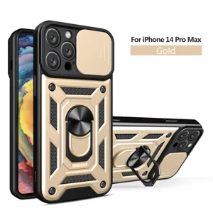 Funda protectora resistente con cubierta deslizante para cámara y soporte de anillo iPhone 14