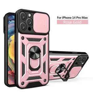 Funda protectora resistente para iPhone 14 Pro Max con cubierta de cámara y anillo en oro rosa.