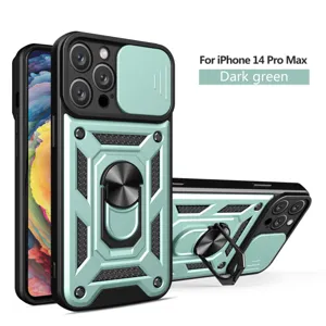Funda protectora resistente para iPhone 14 Pro Max con cubierta de cámara y anillo verde oscuro.