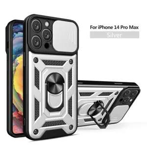 Fundas protectora antichoc con cubierta de cámara y anillo para iPhone 14 Pro Max Plata