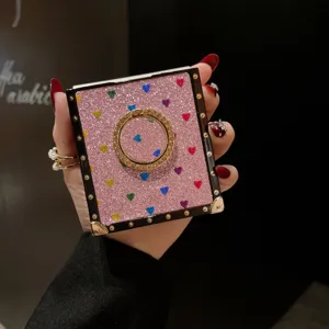 Rosa Glitzer Klapphandy Hülle mit Ringhalter und Metall Ecken für Samsung Galaxy Z Flip.