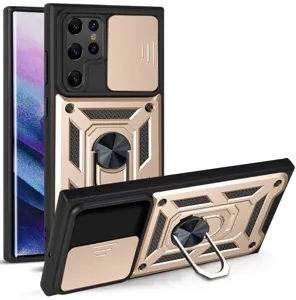 Armor rugged phone case with slide camera cover and metal ring kickstand for detail view.