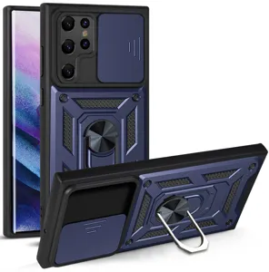 Rugged phone case detail view showcasing sliding camera lens cover and metal ring kickstand.