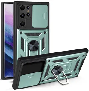 Rugged phone case with camera slider cover and ring kickstand for Samsung Galaxy, protective.