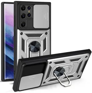 Rugged phone case with camera cover and metal ring stand for ultimate protection.