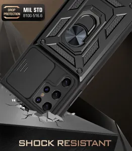 Rugged armor phone case with camera slide cover and ring bracket for Samsung S22 Ultra.