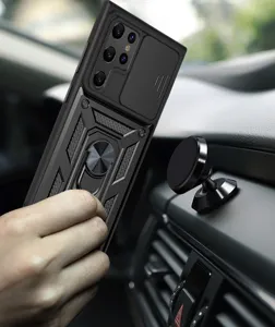 Rugged phone case with sliding camera cover and metal ring holder for car mount use.