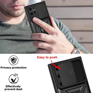 Samsung Galaxy phone case with camera slide cover and ring holder stand for daily protection.