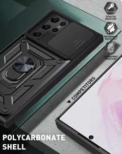 Rugged phone case detail featuring sliding camera cover and sturdy metal ring holder.