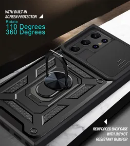 Rugged smartphone case with ring holder slide camera cover armor protection heavy duty cover