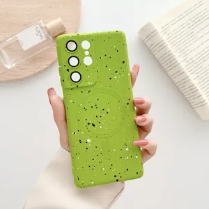 Green splatter phone case with magnetic ring and camera protection for Samsung, TPU soft cover.