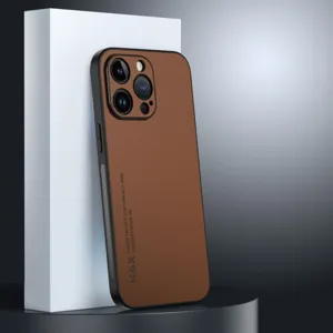 Brown litchi pattern leather protective case detail view for iPhone 16 Pro Max smartphone
