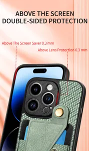 Detailansicht der geflochtenen Leder Handyhülle mit Kartenfach für iPhone 15 Pro Max.