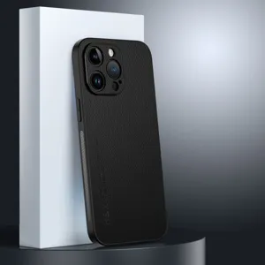 Detailed view of black leather phone case, premium texture, camera protection design.