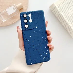 Detail view of blue starry splatter magnetic phone case with camera protection TPU soft cover.