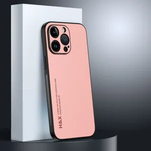 Pink lychee texture leather phone case with full camera protection for iPhone series.