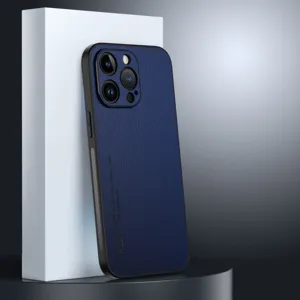 Dark blue lychee pattern leather phone case, premium protection case detail shot.