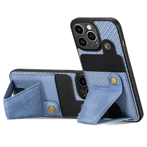 Blaues geflochtenes Leder Handyhülle mit Kartenfach und klappbarem Ständer für iPhone.