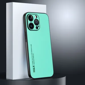 Mint green litchi texture leather phone case with black frame drop protection detail view.