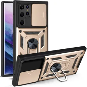 Heavy duty armor phone case with camera slide cover and ring holder stand for Samsung.