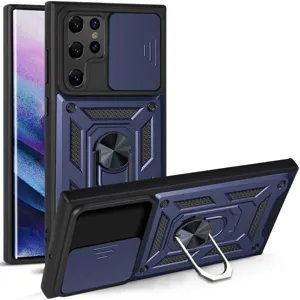 Rugged phone case with sliding camera cover and ring stand for Samsung Galaxy series cover