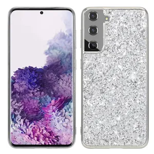 Detailed view of glitter rhinestone phone case showing sparkling back and front screen.