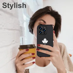 Detailed view of the stylish leather texture phone case featuring a minimalist white maple leaf.