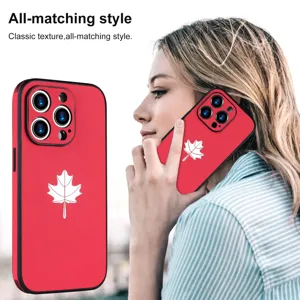 Red leather texture phone case with white maple leaf pattern for iPhone 14 13 Pro Max.