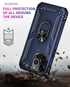 Rugged armor phone case detail view, heavy-duty drop protection with integrated ring stand.