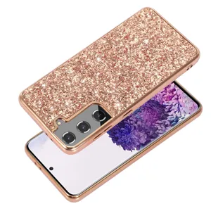 Glitter rhinestone phone case detail showing sparkling rose gold finish and camera cutout.
