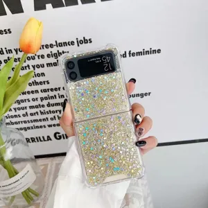 Transparente Glitzer Epoxid Handyhülle Detail, funkelnde Pailletten für Faltbildschirm.