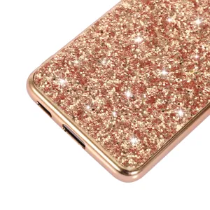 Detailed close-up view of the sparkling rose gold glitter phone case texture and edge finish.