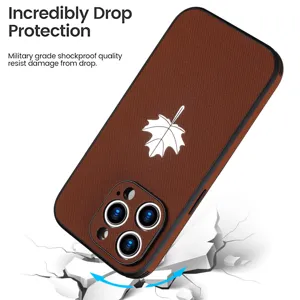 Brown leather texture phone case drop proof protective cover with maple leaf for iPhone