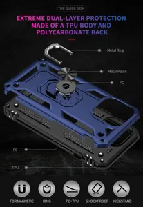 Rugged dual layer protective phone case with metal ring kickstand and magnetic mount