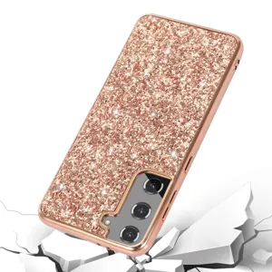 Rose gold glitter phone case detail, sparkling diamond wrap, sturdy protective cover.