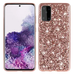 Rose gold glitter phone case detail showing sparkling back view and full screen display.