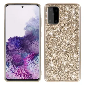 Detail shot of the glittering gold phone case back and front screen view, sparkle protective case.