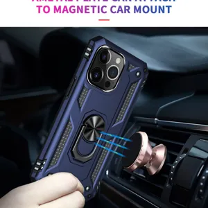 Rugged armor phone case with magnetic ring stand for iPhone, drop-proof protective cover.