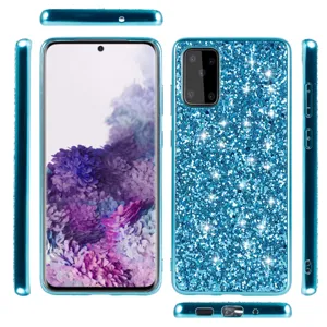 Blue glitter hard phone case with diamond sparkle finish full protective back cover for Samsung.