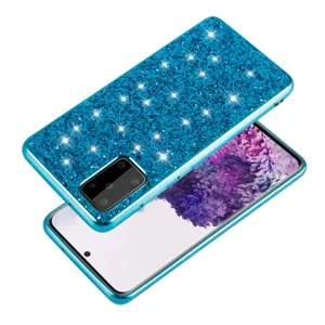 Sparkling blue glitter protective phone case compatible with Samsung full coverage durable cover.