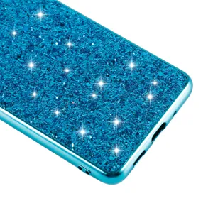 Blue glitter phone case detail view, sparkling diamond text sparkly finish protective back cover